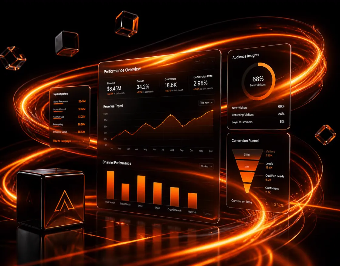 Glowing analytics dashboards showing campaign performance growth for Drago Digital clients in Erode